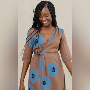 Mata Traders Aditi wrap maxi dress in a brown/dark oak color blue floral print